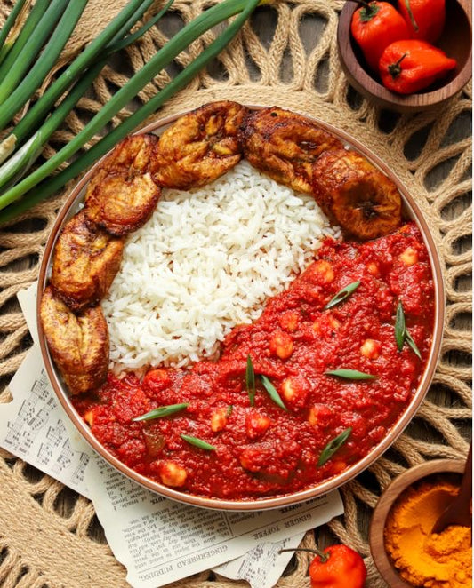 Rice And Stew With Plantain